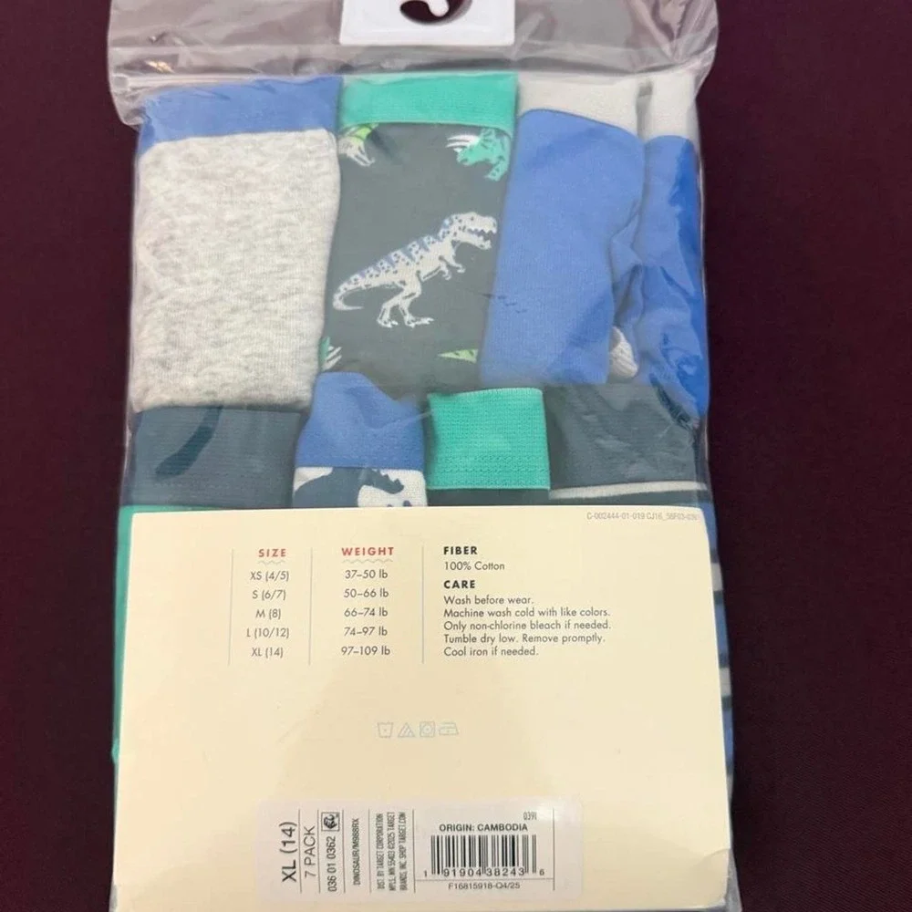 Cat & Jack Boys Dinosaur Briefs 7 Pack Cotton Underwear Blue Green XL 14 NEW